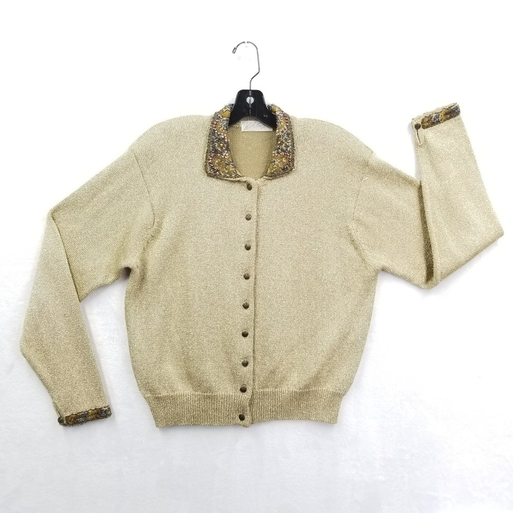 Vintage Lord & Taylor Cardigan Women‎ L Gold Metallic Wool Blend Beaded Sweater
